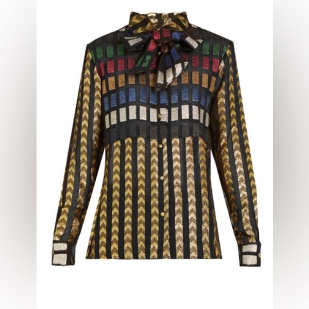 DODO BAR OR Marion Blouse Neck-Tie Coupe Metallic Semi-Sheer Button Down Striped - Picture 4 of 6